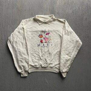 Vintage Maui Hawaii Fish Embroidered Collared Sweatshirt Unisex XL White 90s WEK